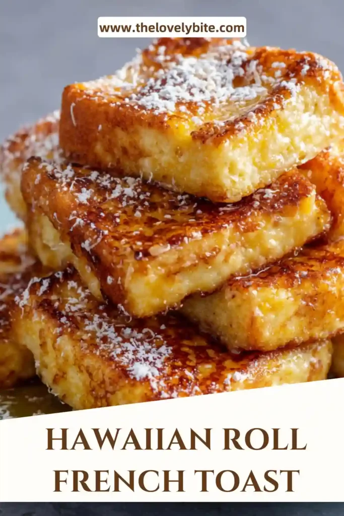 Golden Hawaiian Roll French Toast stacked on a breakfast plate with maple syrup dripping over the fluffy rolls. This easy French toast recipe looks warm and comforting.