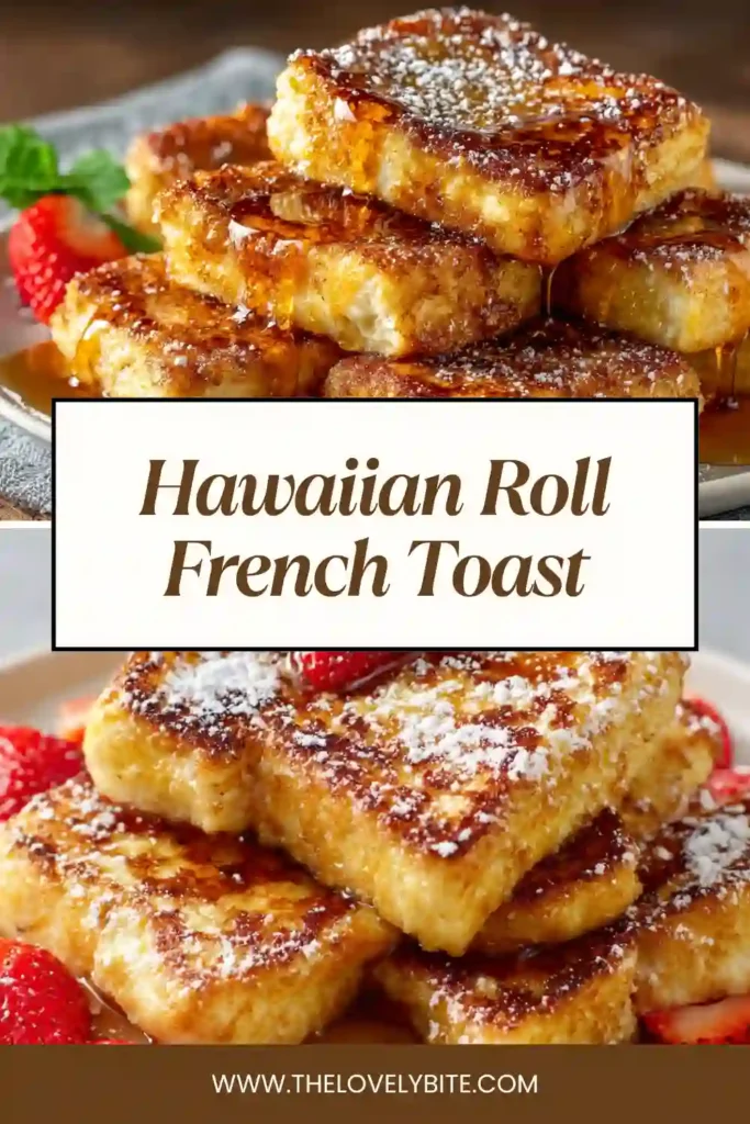 Freshly cooked Hawaiian Roll French Toast dusted with powdered sugar and served with maple syrup. The sweet rolls create a soft and buttery breakfast dish.