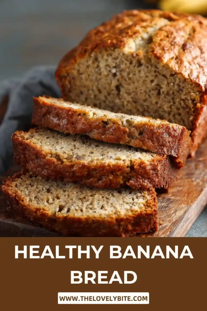 Healthy banana bread baked until golden brown and sliced into thick pieces. This moist banana loaf is made with ripe bananas and simple pantry ingredients.