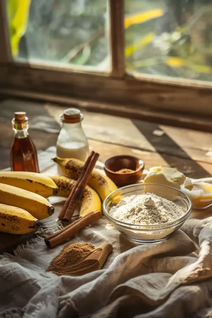 A sliced loaf of healthy banana bread served on a wooden board with fresh banana slices nearby. The moist texture and golden crust make this easy banana bread recipe look warm and homemade.