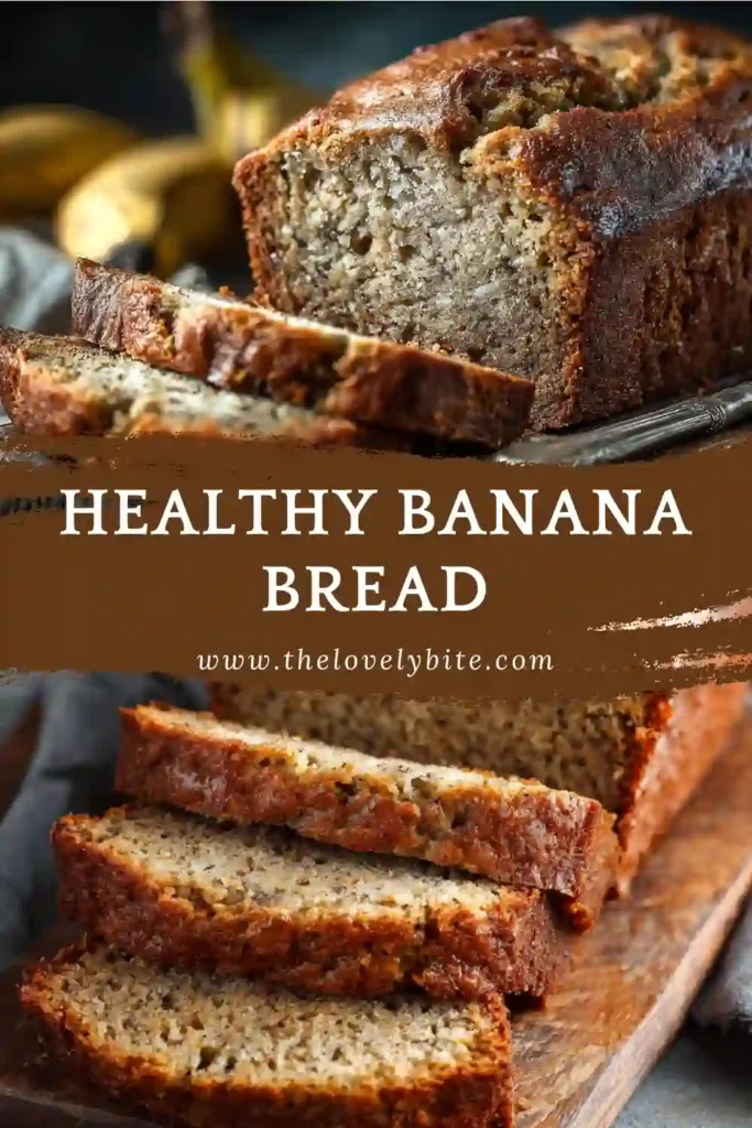 Close-up of moist healthy banana bread topped with banana slices and served fresh from the oven. This easy banana bread recipe is soft, flavorful, and family-friendly.