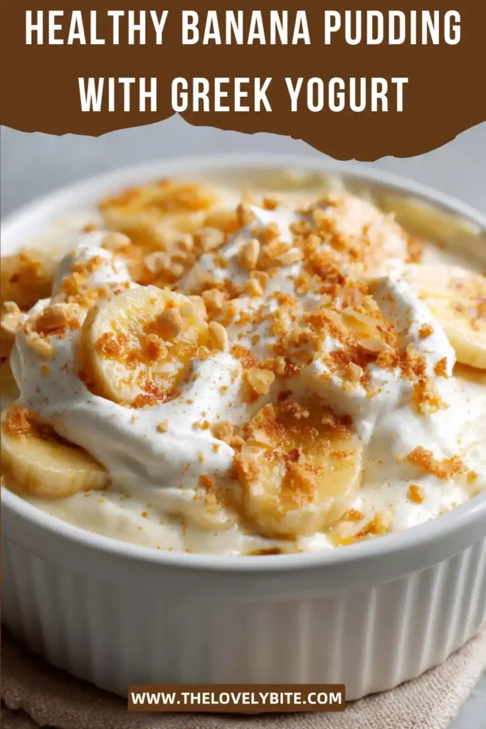 Creamy Healthy Banana Pudding with Greek Yogurt topped with whipped cream and crunchy vanilla wafers. The dessert features ripe bananas and a thick yogurt pudding texture.