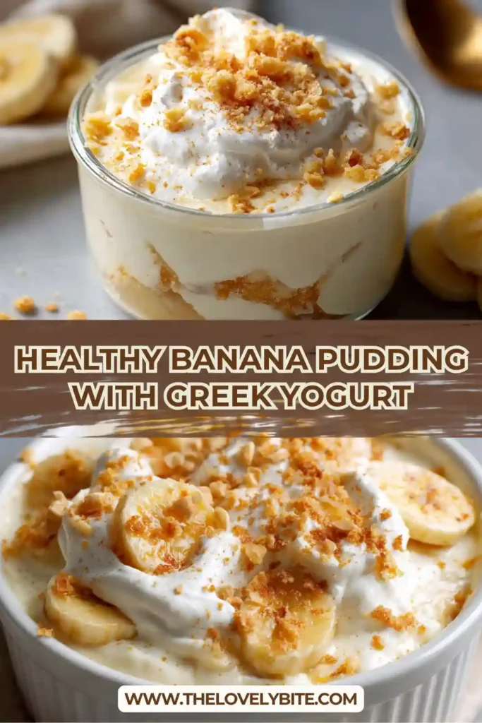 Two jars of Healthy Banana Pudding with Greek Yogurt served chilled with banana slices and vanilla wafer crumbs. This easy no bake dessert is smooth, rich, and naturally sweet.