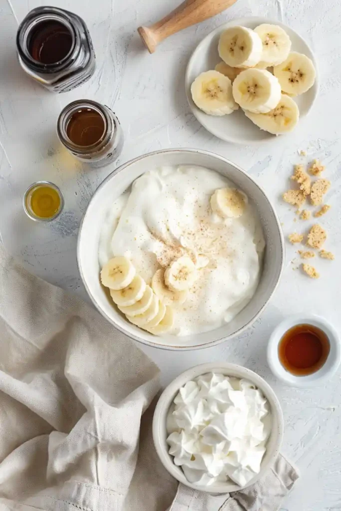 Healthy Banana Pudding with Greek Yogurt layered in glass jars with sliced bananas, whipped cream, and crushed vanilla wafers. This creamy no bake dessert is light, protein-rich, and perfect for an easy sweet treat.