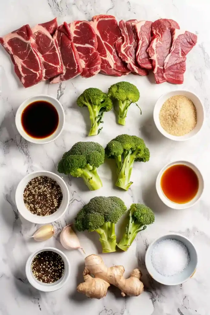 A bowl of Healthy Beef and Broccoli with tender sliced beef and bright green broccoli coated in a glossy garlic ginger sauce. The dish looks fresh, vibrant, and perfectly cooked.