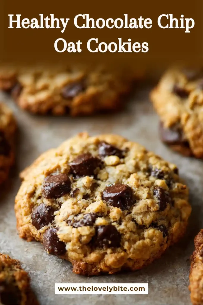 Freshly baked Healthy Chocolate Chip Oat Cookies cooling on a wire rack with melted chocolate chips visible throughout. These wholesome cookies are naturally sweetened with honey.
