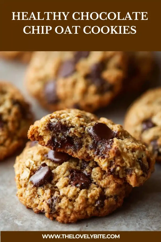 Close-up view of chewy Healthy Chocolate Chip Oat Cookies served on a plate with oats and dark chocolate chips. A delicious healthy dessert recipe perfect for snacks.