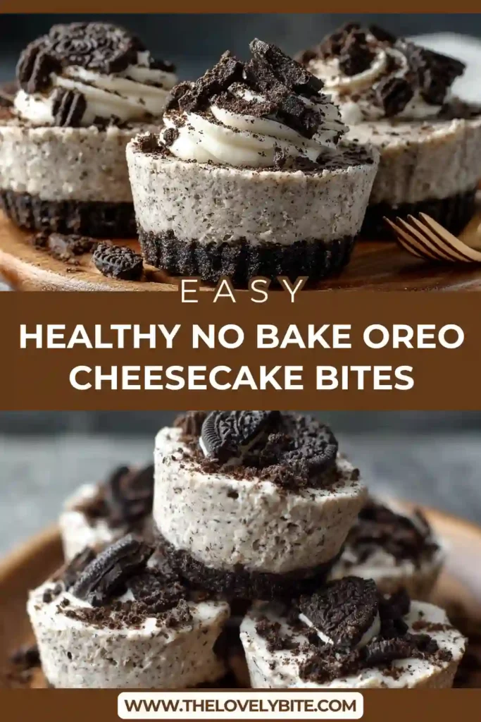 Healthy No Bake Oreo Cheesecake Bites served in cupcake liners with crushed Oreo topping. These frozen mini cheesecakes are creamy, light, and made with Greek yogurt and Oreo thins.