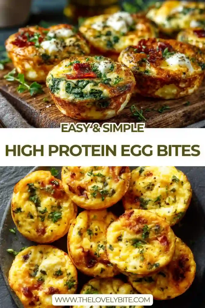 Freshly baked High Protein Egg Bites made with spinach, cottage cheese, feta, and sun-dried tomatoes arranged on a serving plate. These healthy egg bites are fluffy, colorful, and perfect for breakfast meal prep.