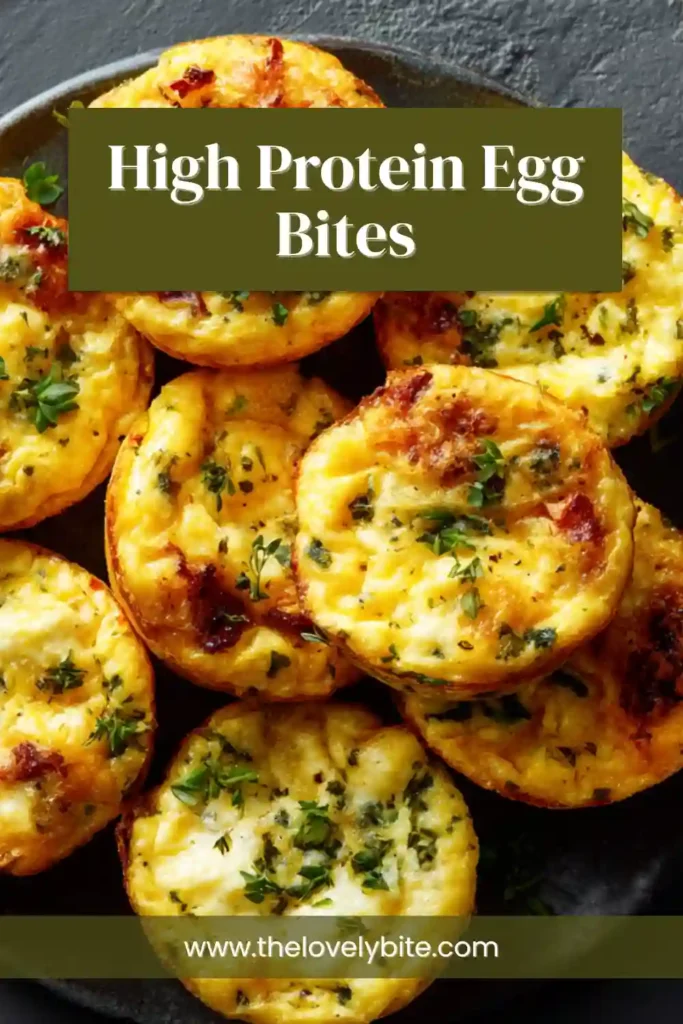 Close-up of fluffy High Protein Egg Bites topped with feta cheese and black pepper. The protein-packed breakfast muffins are baked until golden and filled with spinach and basil.