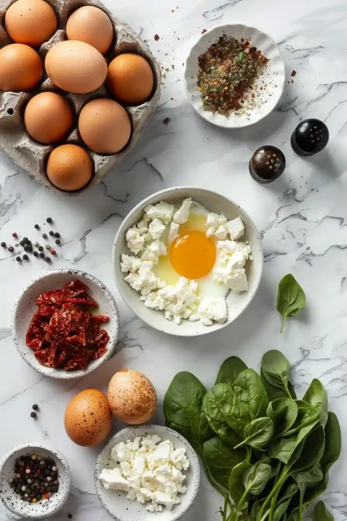 Mediterranean-style High Protein Egg Bites with feta, spinach, and basil served warm on a white plate. These baked egg muffins are rich in protein and naturally gluten-free.
