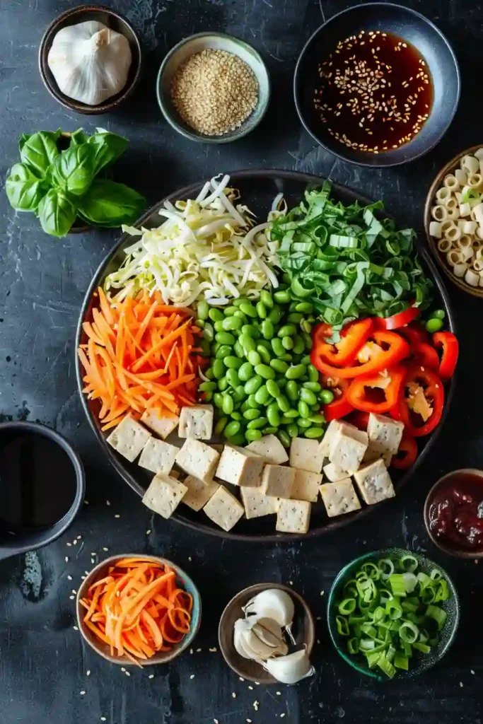 Flavorful High Protein Stir Fry Veggies with Tofu served in a large bowl with edamame, cabbage, basil, and sesame noodles. A healthy vegan dinner recipe full of texture and color.