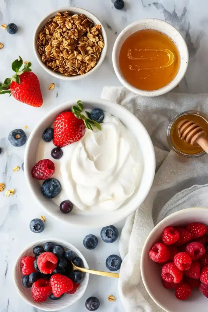 A High Protein Yogurt Parfait layered with creamy nonfat Greek yogurt, fresh mixed berries, crunchy granola, and honey in a glass jar. This healthy breakfast is colorful, protein-packed, and perfect for meal prep.