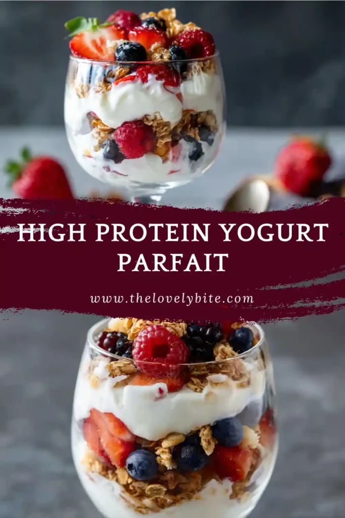 A delicious High Protein Yogurt Parfait served in a clear glass with layers of berries, granola, and thick Greek yogurt. Ideal for healthy breakfasts or post-workout snacks.