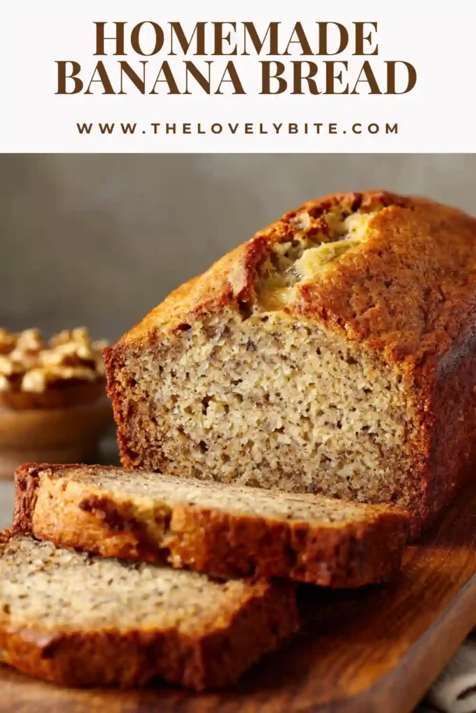 Slices of Homemade Banana Bread served on a wooden board with ripe bananas nearby. This easy banana bread recipe looks moist, fluffy, and perfectly baked.