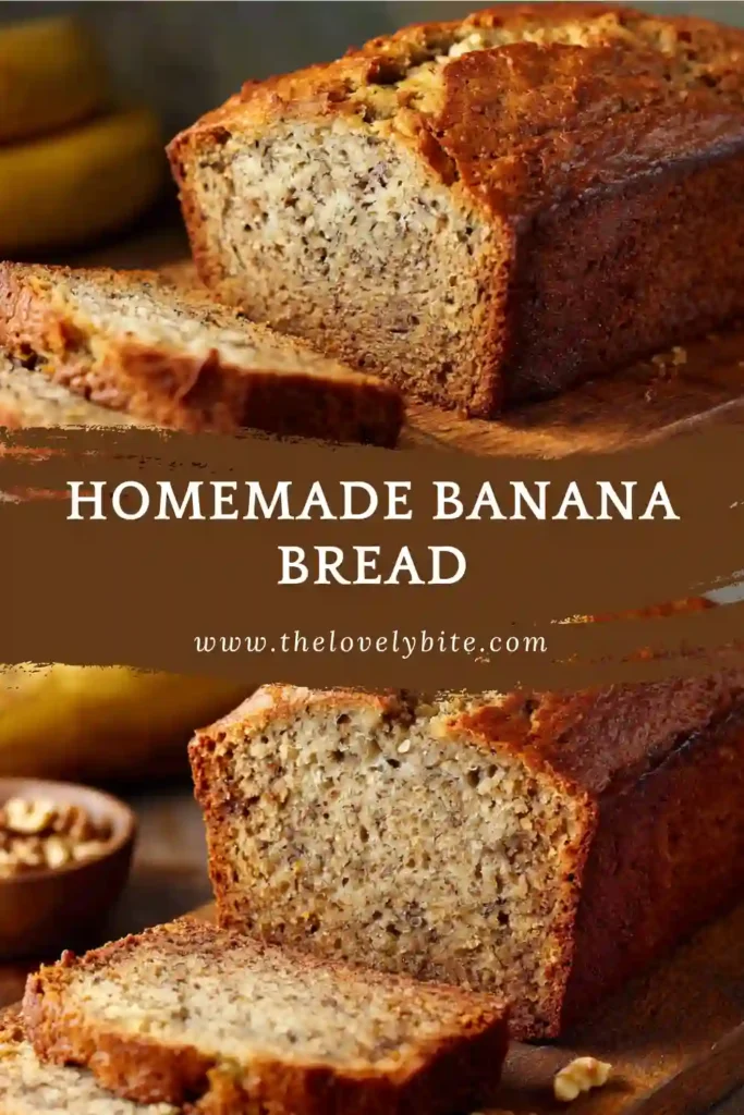 Close-up view of moist Homemade Banana Bread with crunchy walnuts and tender crumb. The classic banana loaf is rich in banana flavor and warm baking spices.