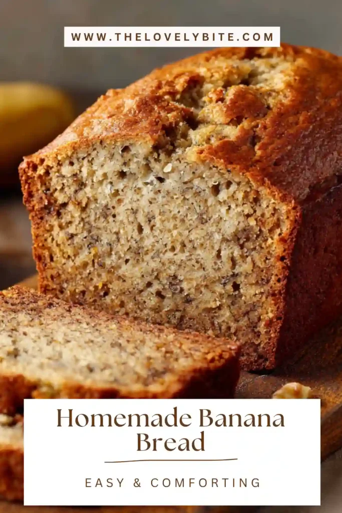 Freshly sliced Homemade Banana Bread with soft interior and golden crust displayed beside coffee. This homemade banana loaf is comforting and perfect for breakfast.