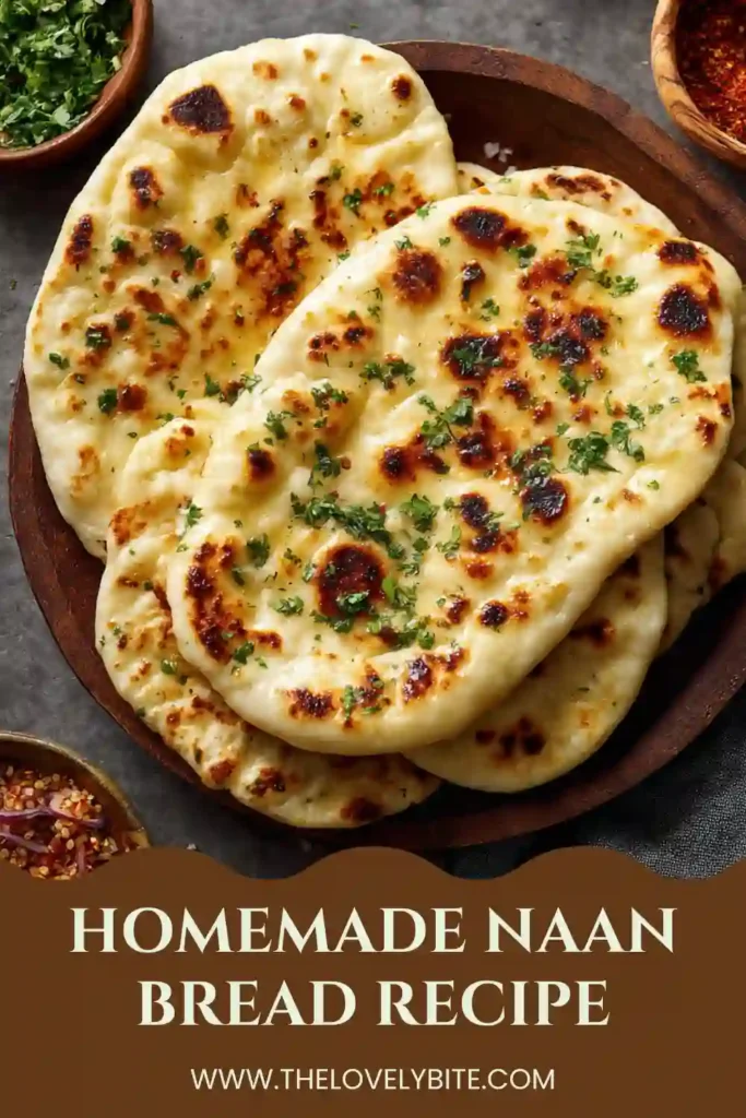 Warm Homemade Naan Bread served fresh with yogurt sauce and herbs. The soft flatbread has golden spots and a pillowy texture.