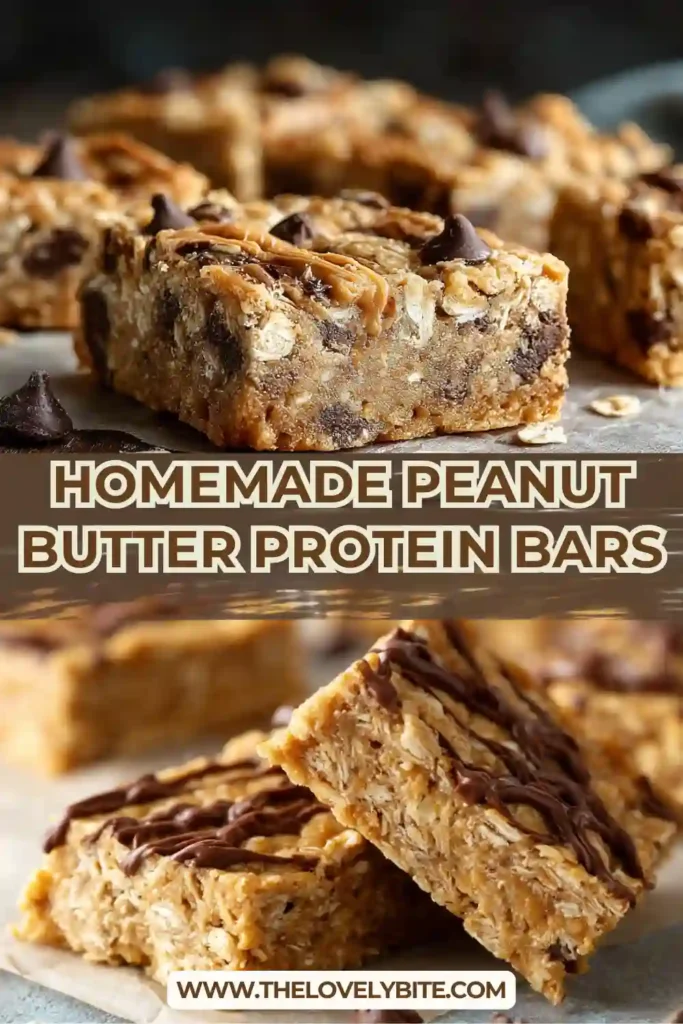 Close-up of soft and chewy Homemade Peanut Butter Protein Bars sliced into squares. The bars are filled with oats, chocolate chips, and creamy peanut butter.