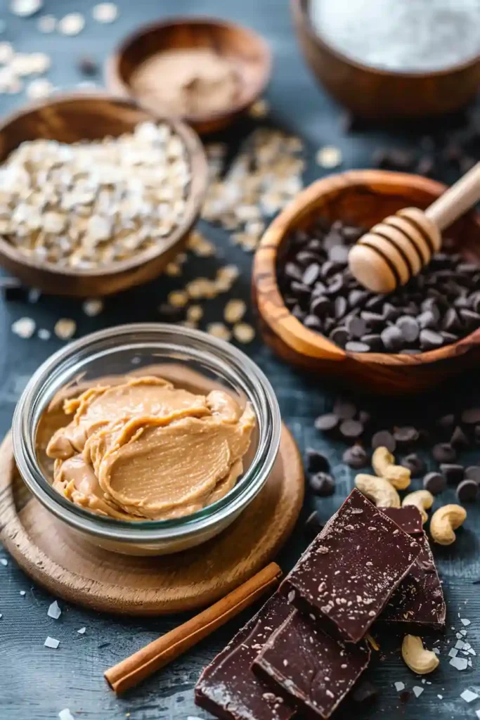 A stack of Homemade Peanut Butter Protein Bars topped with mini chocolate chips and flaky salt. These chewy no bake protein bars are made with oats, peanut butter, and protein powder for a healthy snack.