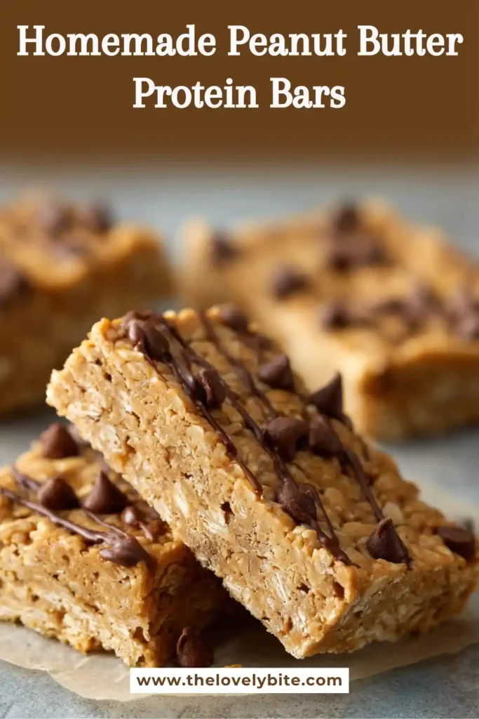 Healthy Homemade Peanut Butter Protein Bars arranged on parchment paper with visible oats and chocolate chips. These easy no bake bars make a perfect protein snack.