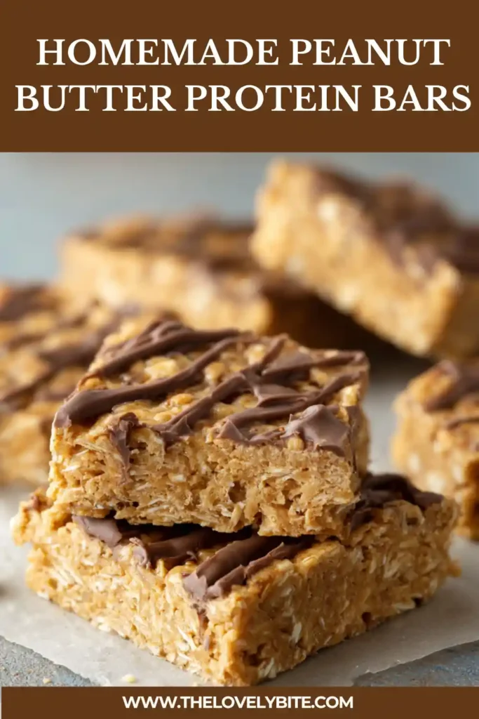 Homemade Peanut Butter Protein Bars with a chewy texture and chocolate chip topping served as a healthy grab-and-go snack.