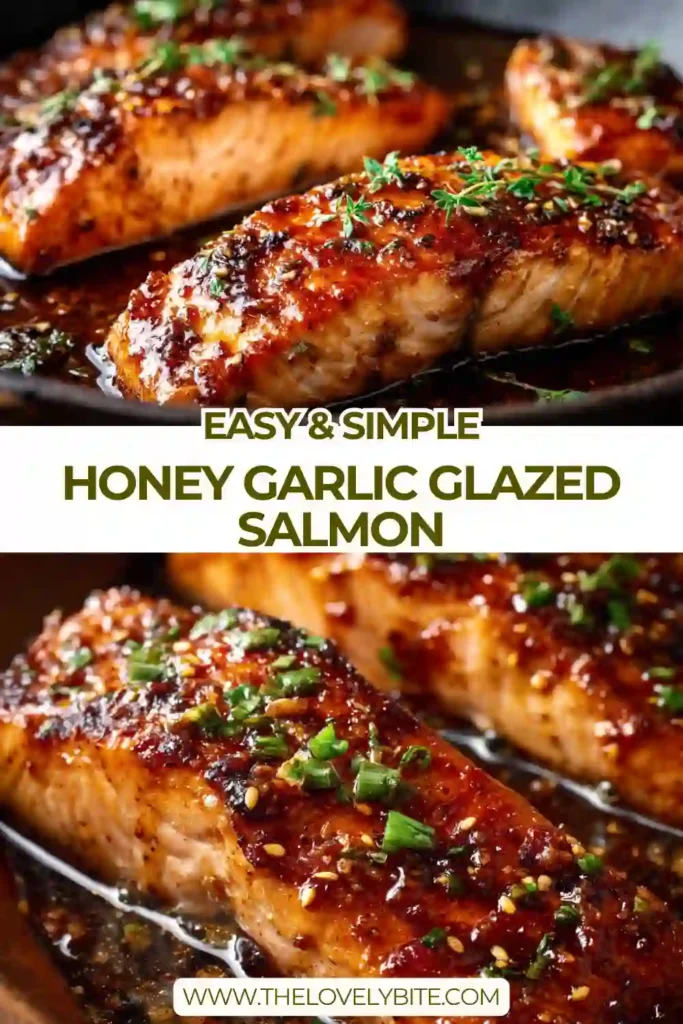 Close-up of Honey Garlic Glazed Salmon coated in a rich buttery honey garlic glaze with lemon and herbs. This easy salmon dinner looks tender, juicy, and flavorful.