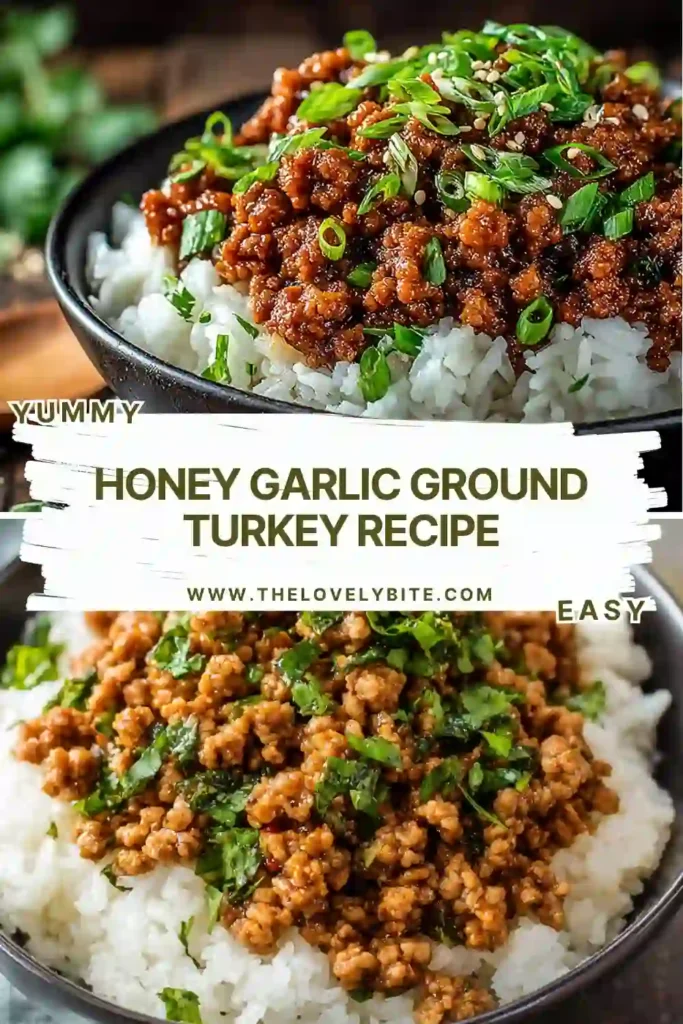 A skillet filled with Honey Garlic Ground Turkey Recipe topped with sliced green onions and coated in a glossy sweet savory sauce. The ground turkey looks tender and flavorful, perfect for serving over rice.