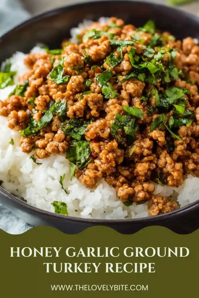 Close-up of sweet and savory honey garlic ground turkey cooked in a rich sticky sauce with fresh green onion garnish. This easy ground turkey dinner is ideal for busy weeknights.