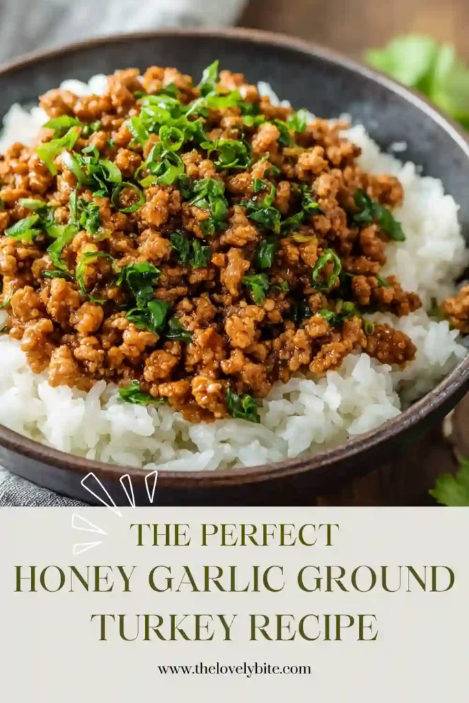 Honey Garlic Ground Turkey Recipe served in a bowl with steamed rice and green onions. The glossy garlic honey glaze gives the turkey a delicious homemade appearance.