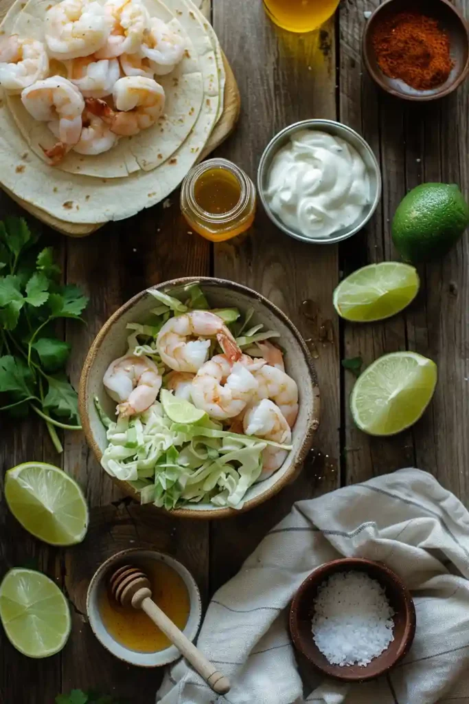 Honey Lime Shrimp Tacos served on warm tortillas with creamy cabbage slaw, fresh avocado slices, and cilantro. The shrimp are coated in a glossy honey lime sauce with smoky spices.