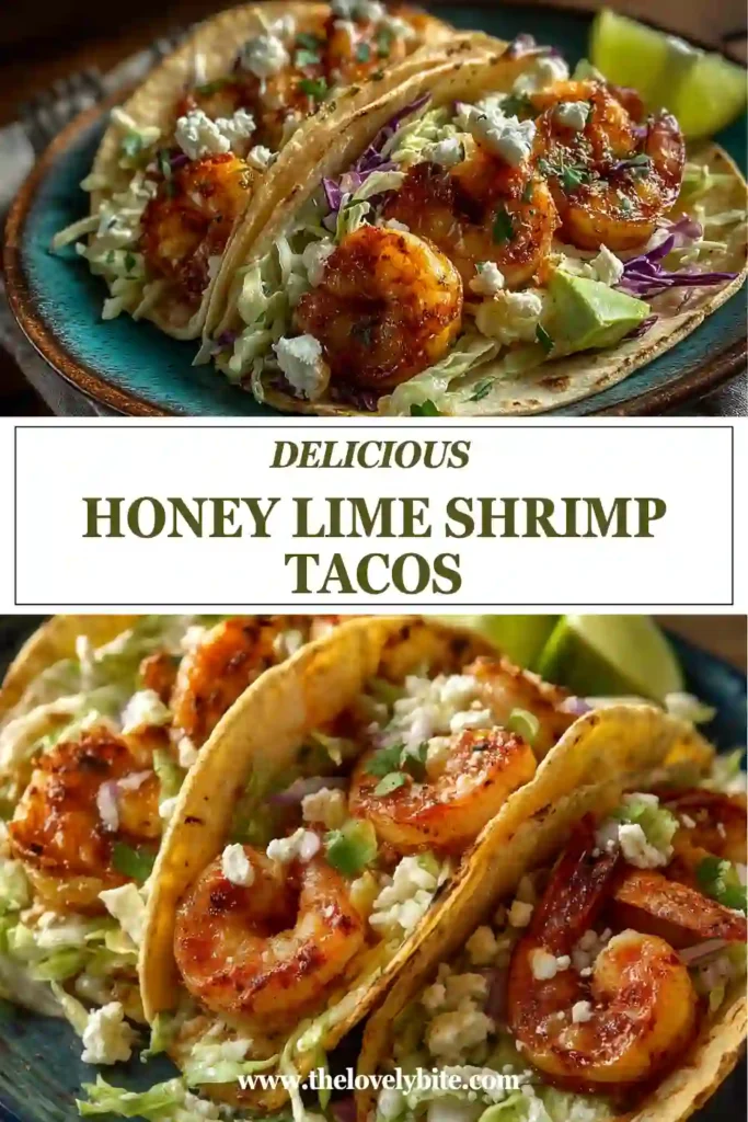 Close-up of Honey Lime Shrimp Tacos topped with crunchy slaw and avocado on soft tortillas. Fresh lime and cilantro add bright flavor to this easy shrimp taco recipe.