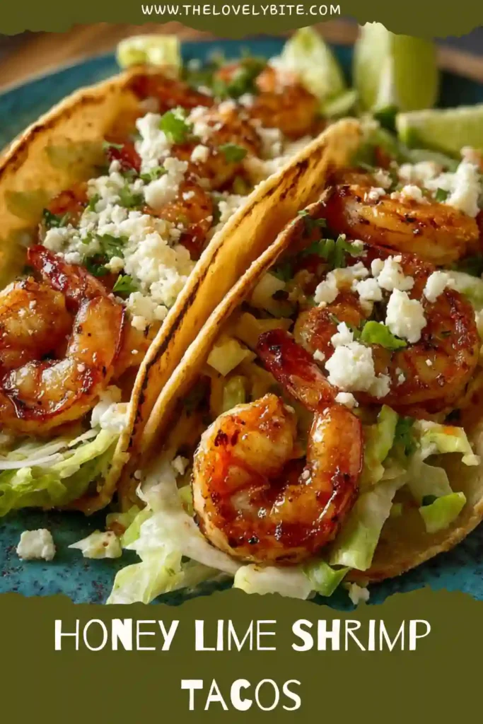 A plate of Honey Lime Shrimp Tacos featuring juicy seasoned shrimp, creamy lime slaw, and avocado slices. This colorful taco dinner is fresh, vibrant, and perfect for weeknights.