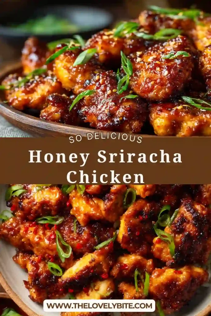 A plate of Honey Sriracha Chicken coated in a glossy sweet and spicy sauce served over steamed rice. The baked chicken is garnished with green onions and sesame seeds for extra flavor and texture.