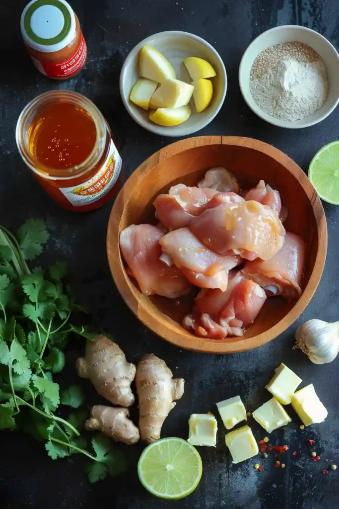 Sweet and spicy Honey Sriracha Chicken fresh from the oven with a thick sticky sauce. Served alongside quinoa and vegetables for a flavorful dinner option.