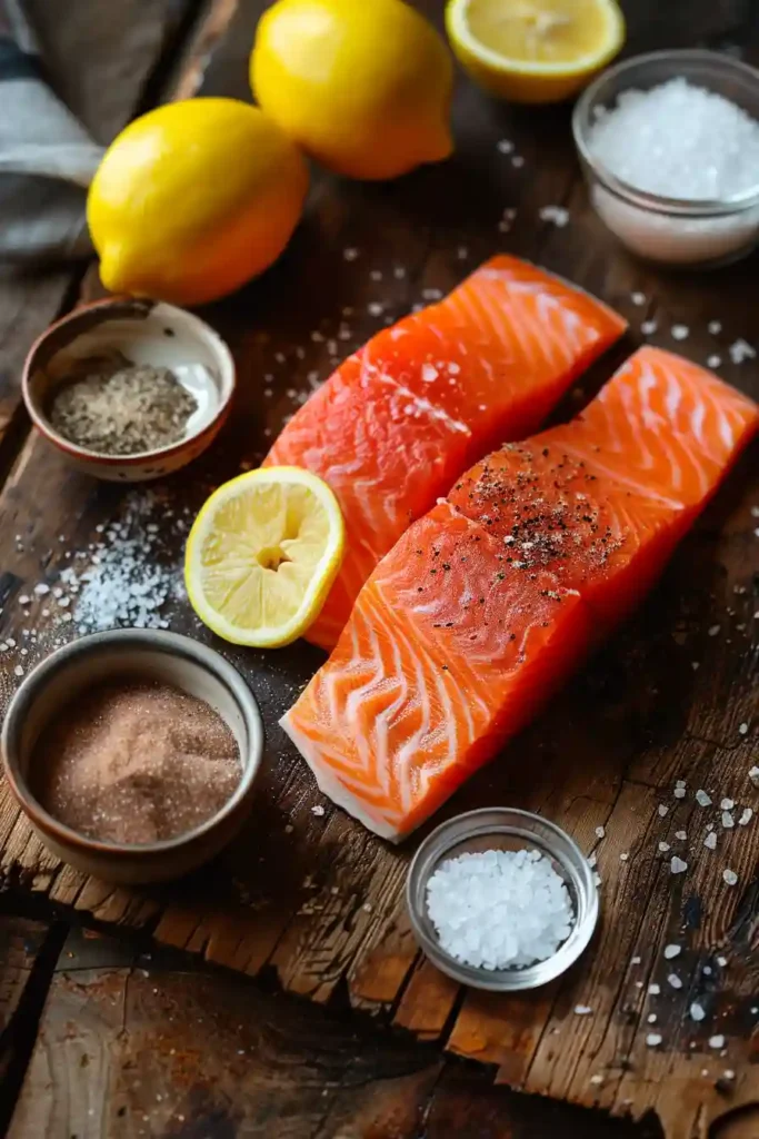 A perfectly smoked salmon fillet resting on a platter with fresh lemon wedges. The salmon has a rich golden color and flaky texture from slow smoking.