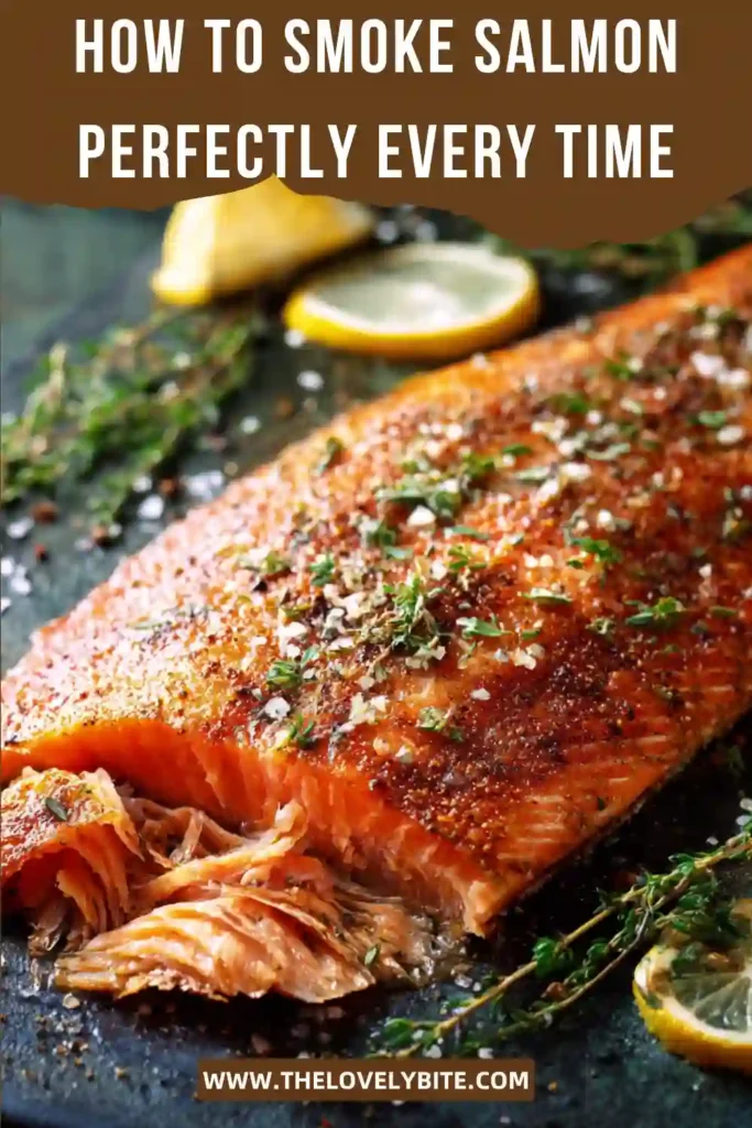 Close-up of homemade smoked salmon seasoned with lemon pepper and cooked low and slow in a smoker. The salmon looks moist, tender, and lightly smoky.