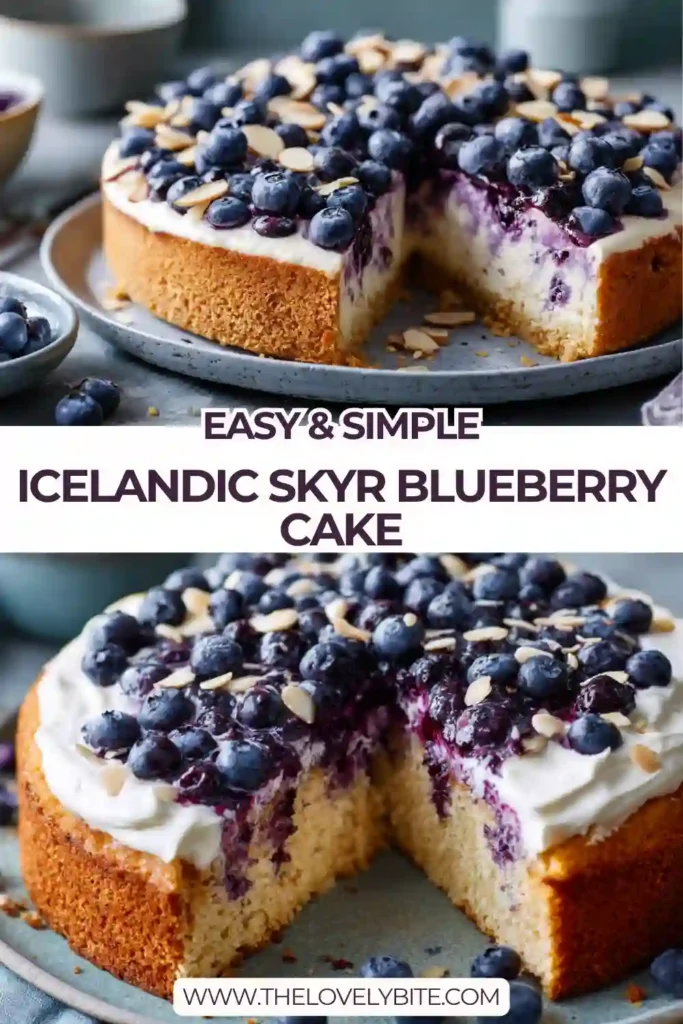 Slice of Icelandic Skyr Blueberry Cake served cold with fresh blueberries and creamy skyr filling. The dessert features a golden graham cracker base and light whipped texture.