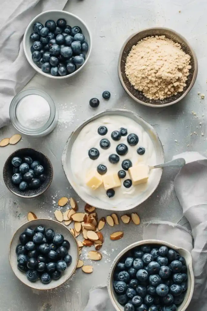A creamy Icelandic Skyr Blueberry Cake topped with fresh blueberries and toasted almonds on a buttery graham cracker crust. This chilled Nordic-inspired dessert has a smooth, fluffy texture and vibrant berry flavor.