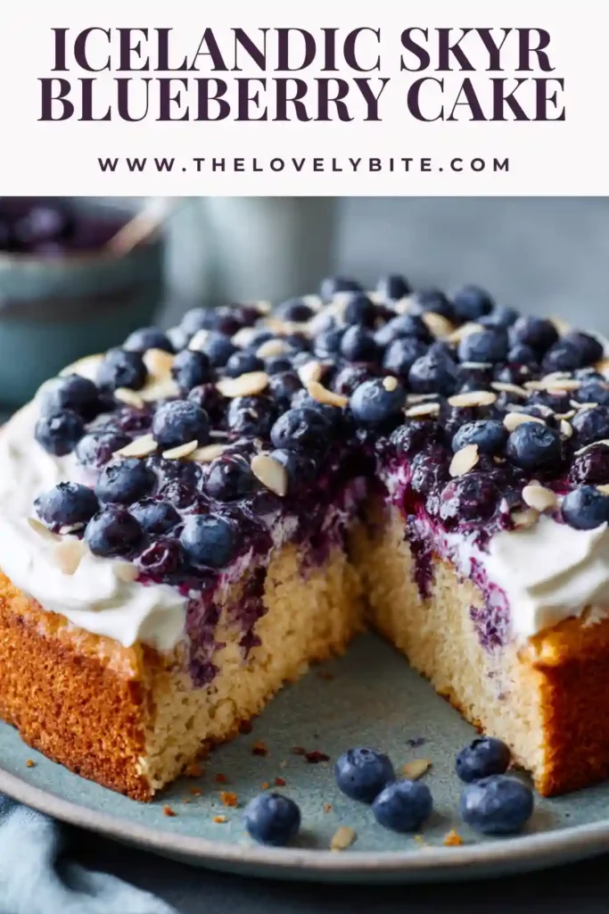 Elegant Icelandic Skyr Blueberry Cake with a thick creamy filling and fresh berry topping. This easy blueberry dessert is chilled overnight for a rich and refreshing finish.