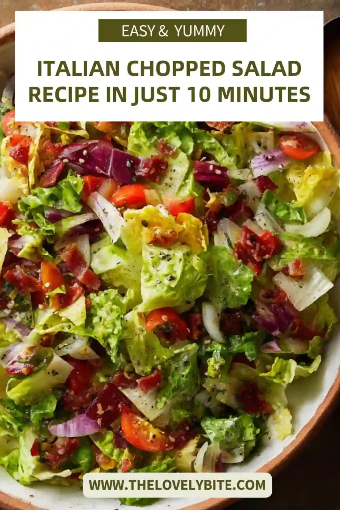 Fresh Italian Chopped Salad served in a large bowl with crunchy vegetables, turkey salami, garbanzo beans, olives, and grated parmesan cheese.