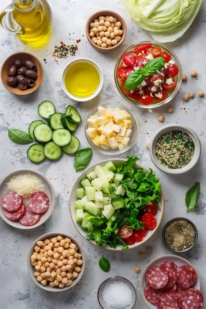 A bowl of Italian Chopped Salad filled with crisp iceberg lettuce, romaine, cucumbers, chickpeas, olives, turkey salami, tomatoes, and parmesan cheese tossed in homemade dressing.