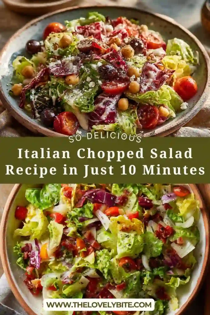 Close-up view of Italian Chopped Salad with homemade Italian dressing, chopped lettuce, cucumbers, tomatoes, olives, and parmesan cheese.