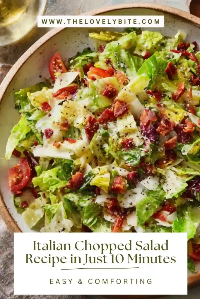 Healthy Italian Chopped Salad recipe prepared with fresh vegetables, chickpeas, turkey salami, and tangy Italian vinaigrette.