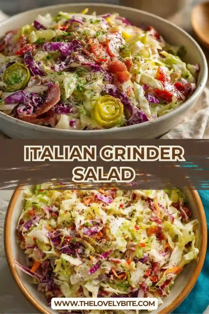 Fresh Italian Grinder Salad served in a large bowl with crunchy lettuce, deli meats, parmesan cheese, and tangy grinder salad dressing.