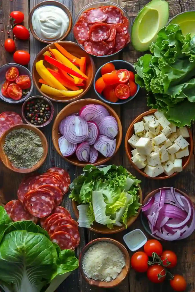 A bowl of Italian Grinder Salad filled with chopped iceberg lettuce, salami, turkey, pepperoni, provolone cheese, tomatoes, and banana peppers tossed in creamy dressing.