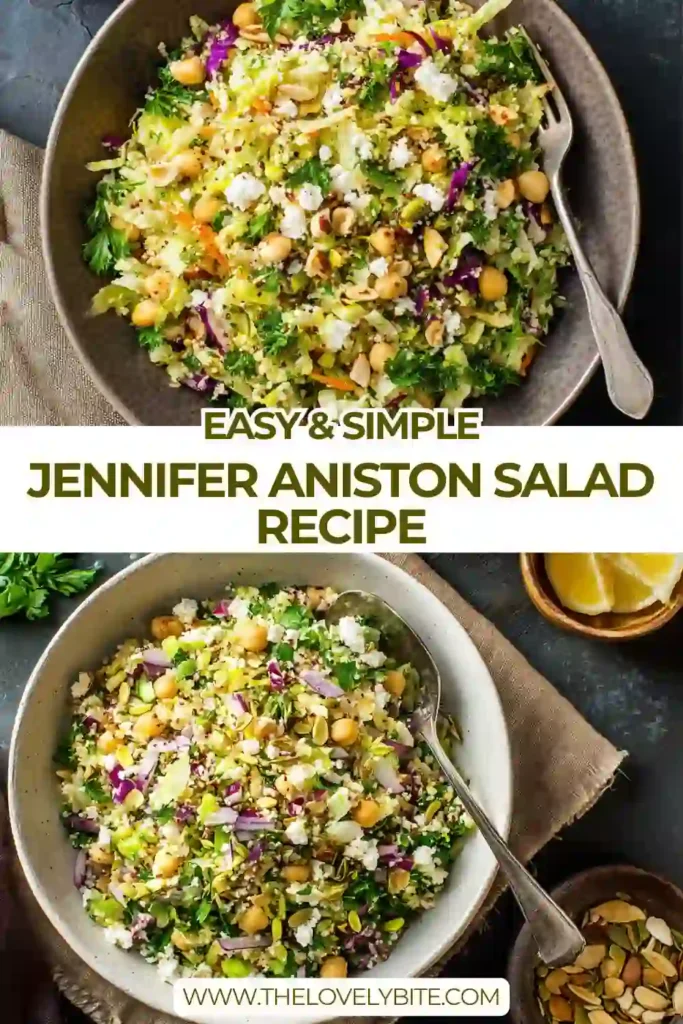 A bowl of Jennifer Aniston Salad made with quinoa, chickpeas, cucumber, feta cheese, pistachios, parsley, and mint tossed in lemon dressing. This healthy quinoa salad looks fresh, colorful, and perfect for meal prep.