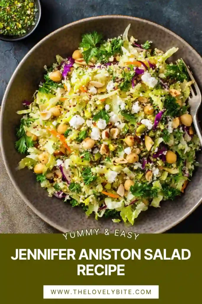 Healthy Jennifer Aniston Salad served in a large bowl with fluffy quinoa, crunchy cucumbers, creamy feta cheese, and fresh herbs. The Mediterranean quinoa salad is bright and refreshing.