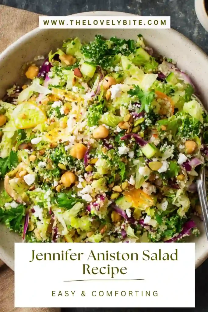 Fresh Jennifer Aniston Salad topped with pistachios, chickpeas, cucumber, parsley, and feta cheese. This easy quinoa chickpea salad is ideal for healthy lunches and dinners.