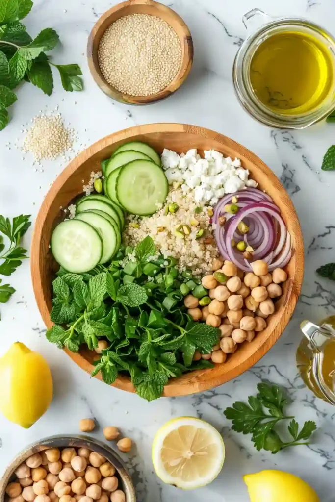 Close-up of Jennifer Aniston Salad featuring lemon herb quinoa, chickpeas, mint, cucumbers, and crumbled feta. A vibrant and healthy Mediterranean-style salad recipe.